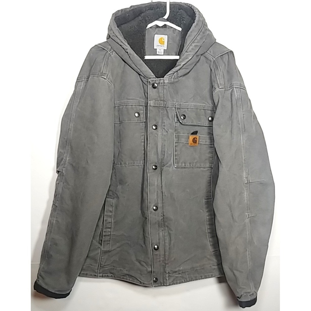 Carhartt Bartlett Sherpa Lined Work Jacket Size XL Hooded Canvas Grey